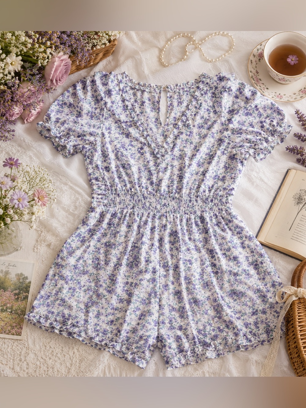 Story On Floral Romper Cottagecore Coquette Garden Party Puff Sleeve Size L